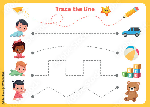trace line page game for kids with zigzags, babies, and toys preschool tracing worksheet vector illustration