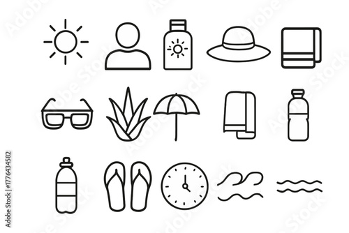 Heat Protection Icons. Heat protection. Line outline icon set of heat protection: sun, person, sunscreen