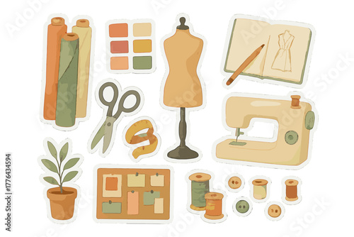 Watercolor Fashion Studio Stickers. Creative fashion studio. Realistic hand-painted watercolor style sticker