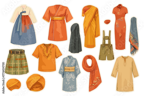 Global Attire Stickers. Global traditional attire. Realistic hand-painted watercolor style sticker sheet of