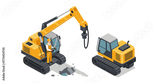 Isometric construction machinery with worker operating excavator