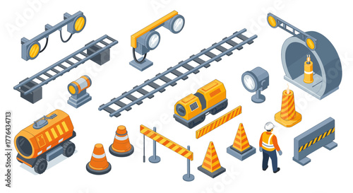 Isometric railway construction elements with worker and safety equipment