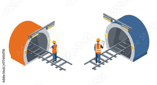 Isometric tunnel construction with workers in safety gear