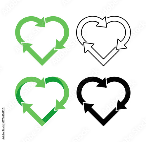 Heart Recycle Logo Set, Green Love Environment Symbol