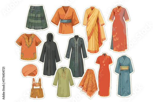 Ethnic Wear Stickers. Ethnic wear collection. Realistic hand-painted watercolor style sticker sheet of ethnic