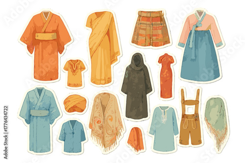 Traditional Clothing Stickers. Cultural and traditional clothing. Realistic hand-painted watercolor style