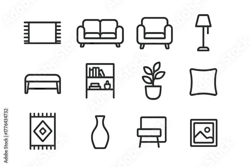 Cozy Living Room Icons. Cozy living room. Line outline icon set of cozy living room: rug, sofa, armchair,