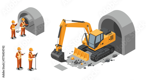 Construction site with excavator and workers at tunnel entrance in isometric style