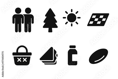 Leisure Icons Collection. Leisure time. Filled icon set of leisure time: friends, tree, sun, blanket, picnic