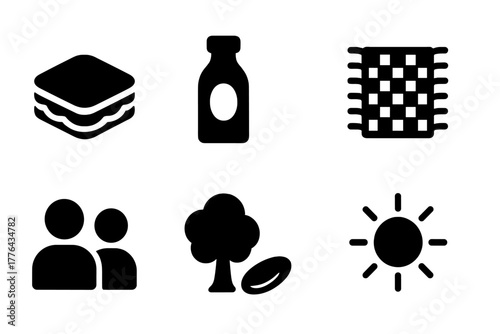 Picnic Icons Set. Food and drinks. Filled icon set of food and drinks: sandwich, juice bottle, picnic basket,