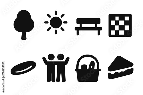 Recreational Park Icons. Recreational park. Filled icon set of recreational park: tree, sun, bench, picnic