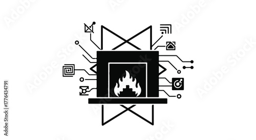 Modern fireplace with digital connections symbolizing smart home technology and innovation