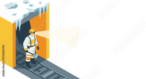 Miner exiting tunnel with ice and snow, wearing safety gear and headlamp on railway track