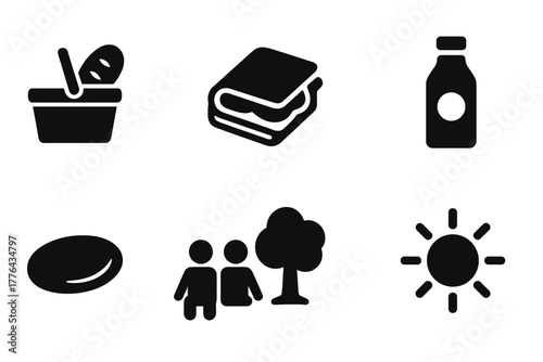 Park Picnic Icons. Park picnic essentials. Filled icon set of park picnic essentials: picnic basket, blanket,