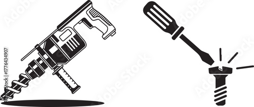Stylized Black and White Illustration of Drill and Screwdriver with Screw