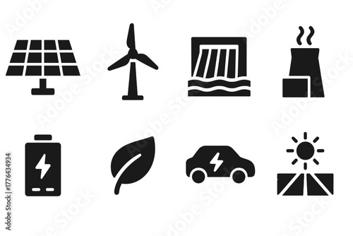Renewable Energy Icons. Renewable Energy. Filled icon set of Renewable Energy: solar panel, wind turbine,