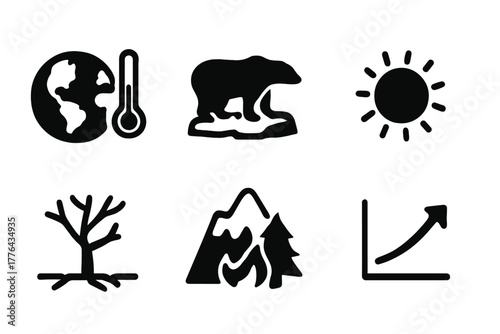Global Warming Icons. Global Warming. Filled icon set of Global Warming: earth with thermometer, polar bear on