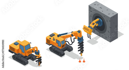 Isometric excavators with auger drilling into concrete block in construction scene