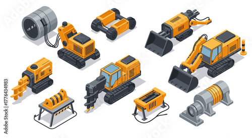 Isometric construction machinery set: excavators, loaders, and drills in yellow tones
