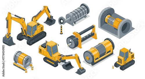 Heavy machinery and equipment set in detailed isometric design with construction vehicles