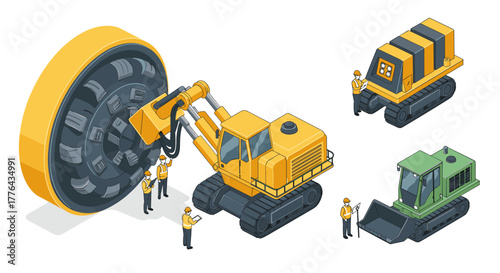 Construction machinery and workers in isometric style with mining machines