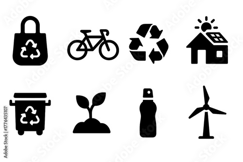 Sustainable Living Icons. Sustainable Living. Filled icon set of Sustainable Living: reusable bag, bicycle,
