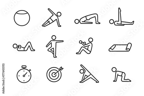 Core Workout Icons. Core and balance workout. Line outline icon set of core and balance workout: stability