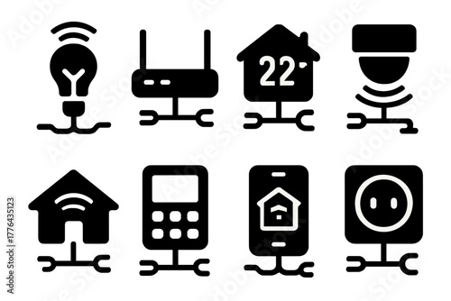 Smart Home Icons. Smart Home Wiring. Filled icon set of Smart Home Wiring: smart bulb, Wi-Fi router,