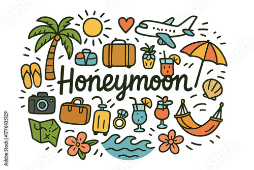 Tropical Honeymoon Doodle. Tropical honeymoon. Hand-drawn doodle illustration of a tropical honeymoon. Palm
