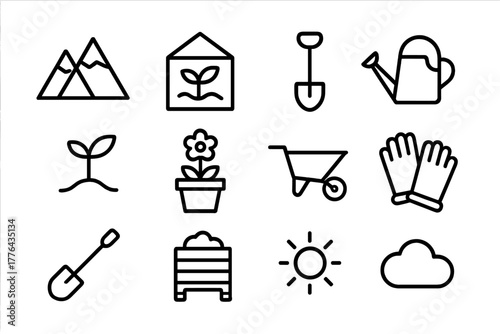 High-Altitude Gardening Icons. High-altitude mountain gardening. Line outline icon set of high-altitude
