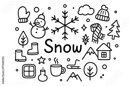 Snowy Doodle Compilation. Snow. Hand-drawn doodle illustration of Snow. In the middle, one slightly larger