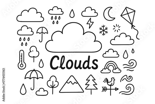 Doodle Cloudscape Elements. Clouds. Hand-drawn doodle illustration of Clouds. In the middle, one slightly