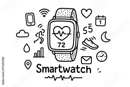 Smartwatch Doodle Icons. Smartwatch. Hand-drawn doodle illustration of Smartwatch. In the middle, one slightly