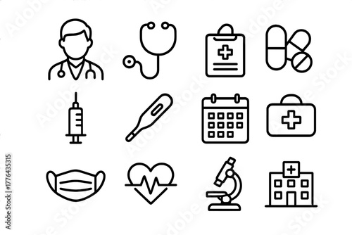 General Practitioner Icons. General practitioner. Line outline icon set of general practitioner: male doctor