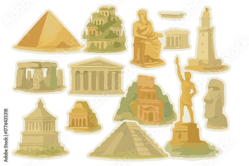 Ancient Wonders Stickers. Ancient Wonders. Realistic hand-painted watercolor style sticker sheet of ancient
