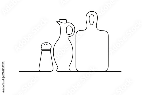 Minimalist Kitchen Essentials. Essentials. Minimalistic one-line drawing salt shaker and olive oil bottle