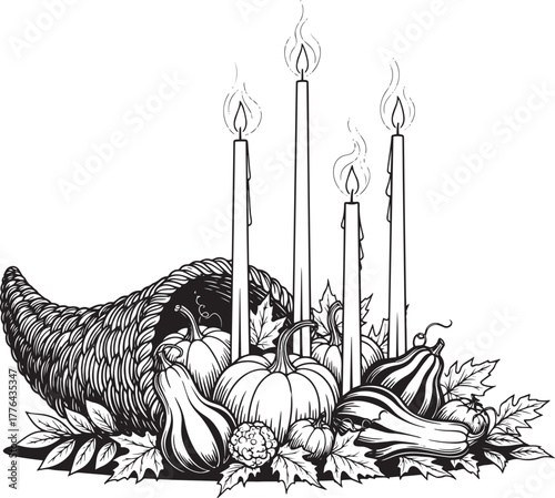 A cornucopia filled with pumpkins, gourds, and leaves, with candles in the background.