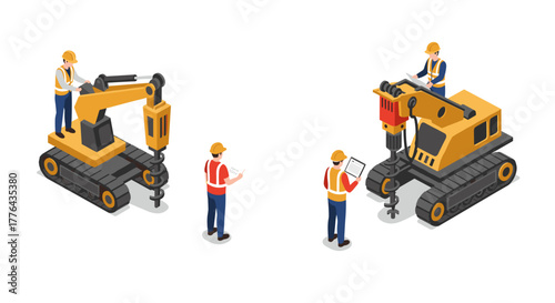 Construction workers operating heavy machinery with safety gear in isometric style