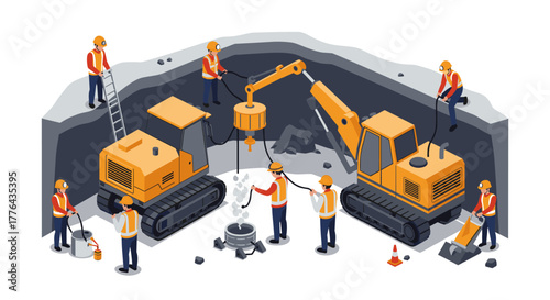 Construction workers operating heavy machinery in quarry