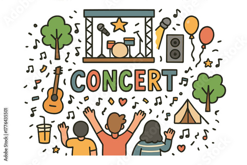 Festive Outdoor Concert Scene. Outdoor concert. Hand-drawn doodle illustration of an outdoor concert. Stage,