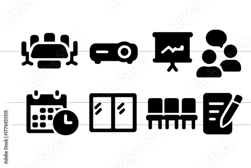 Meeting Room Icons. Meeting Rooms. Filled icon set of Meeting Rooms: conference table, projector, presentation