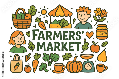 Vibrant Farmers' Market Doodle. Farmers’ market. Hand-drawn doodle illustration of a farmers’ market. Basket,