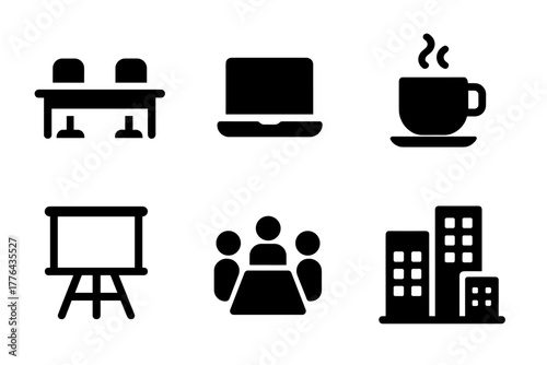 Co-working Icons Set. Co-working Spaces. Filled icon set of Co-working Spaces: shared desk, laptop, coffee cup