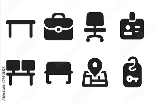 Hot Desking Icons. Hot Desking. Filled icon set of Hot Desking: empty desk, laptop bag, chair, name tag,