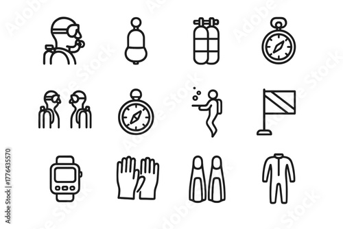 Scuba Safety Icons. Scuba safety. Line outline icon set of scuba safety: diver, buoy, oxygen tank, depth gauge