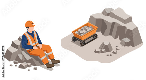 Miner resting near rock debris and mining cart in quarry scene