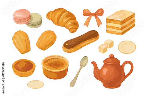 Parisian Dessert Stickers. Parisian Desserts. Realistic hand-painted watercolor style sticker sheet of