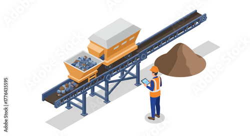 Isometric mining conveyor belt technology with worker monitoring operations