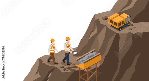 Isometric construction scene with workers on mountain path with equipment