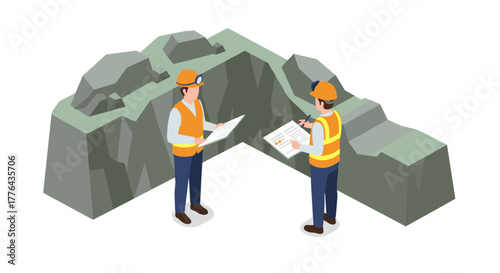Isometric engineers analyzing geological data at quarry site